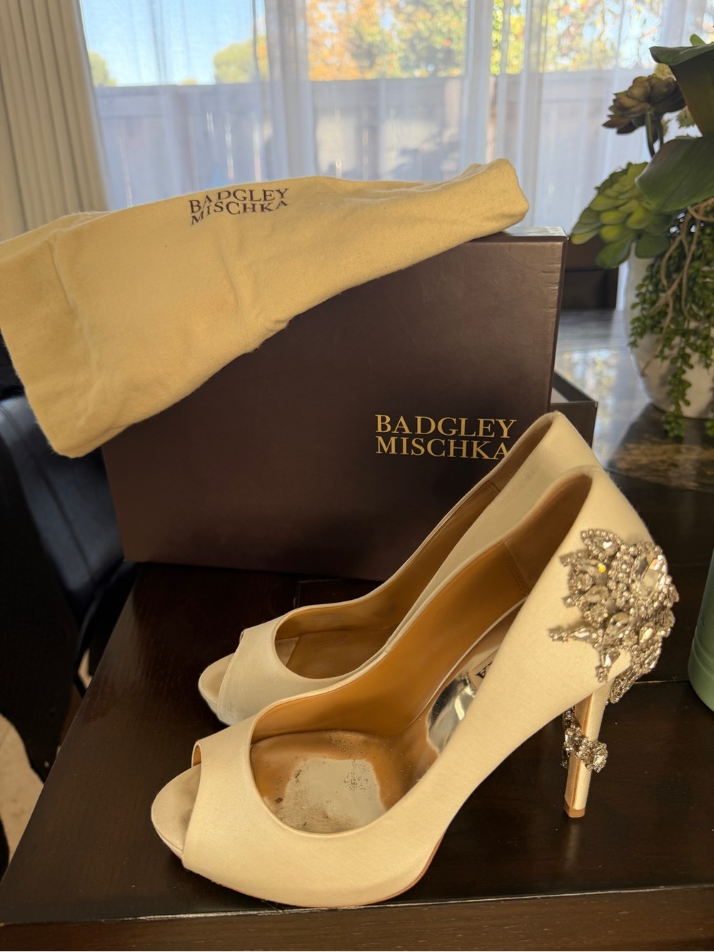 Badgley Mischka Ivory Satin Crystal-Embellished Peep Toe Heels